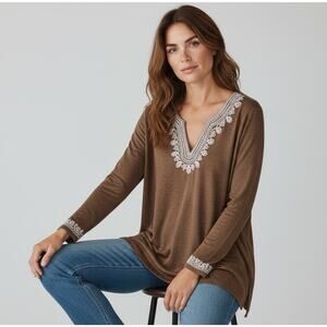 Cathy Daniels Womens Embroidered Tunic Top Size XLarge Brown White V Neck Boho